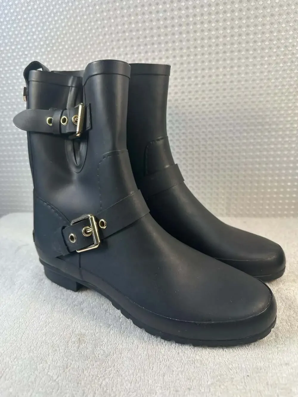 Massimo Dutti Black Matte Rubber Moto Rain Boots with Buckle Detail
